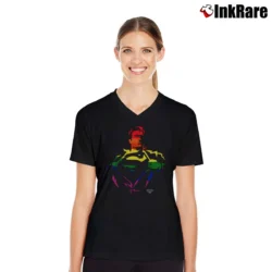 Women’s Superman Suit Reveal Rainbow Logo V-Neck Tee in black | Chic Neckline, Soft Texture