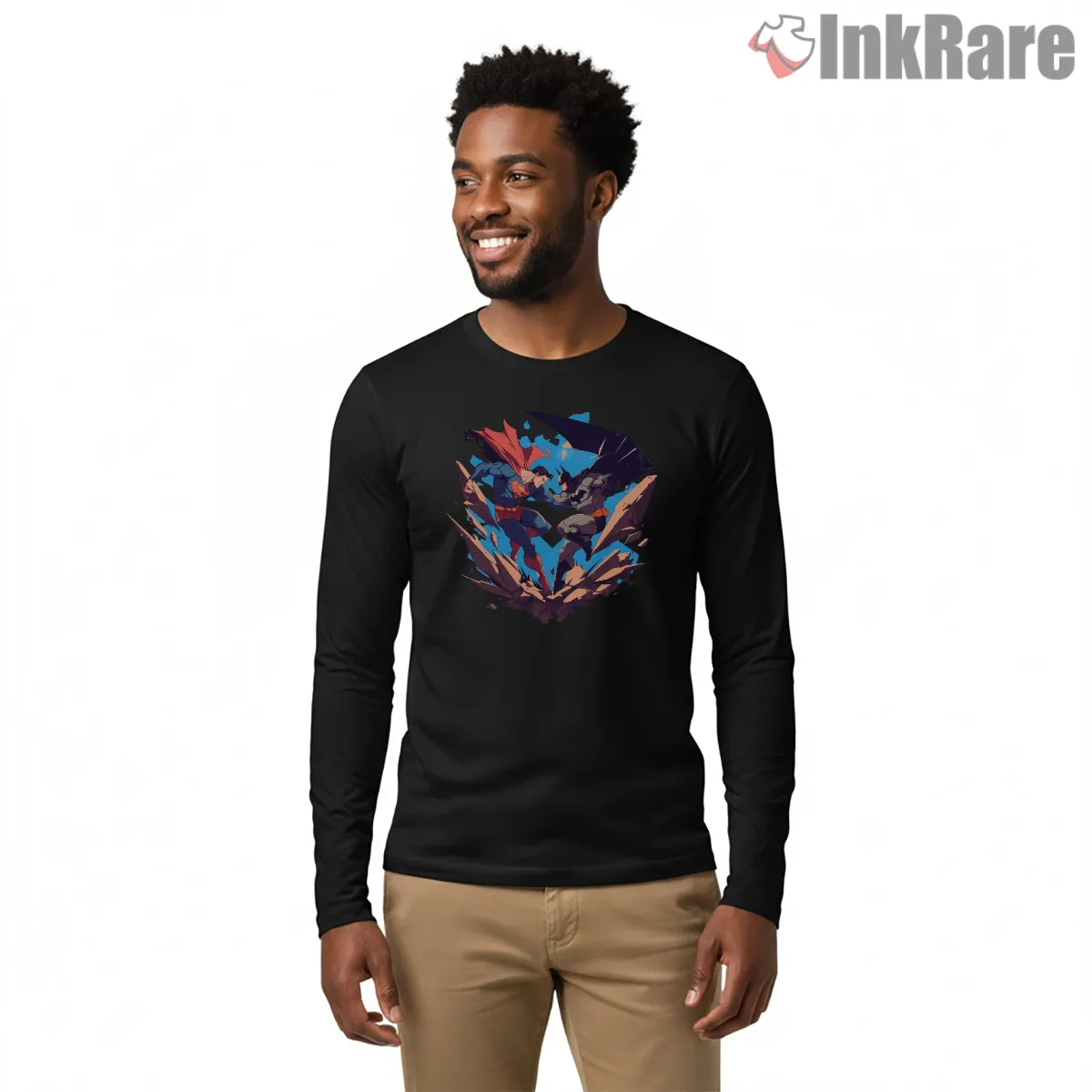 Superman Versus Batman Shattered Arena Shirt on black long sleeve shirt for men graphic tee
