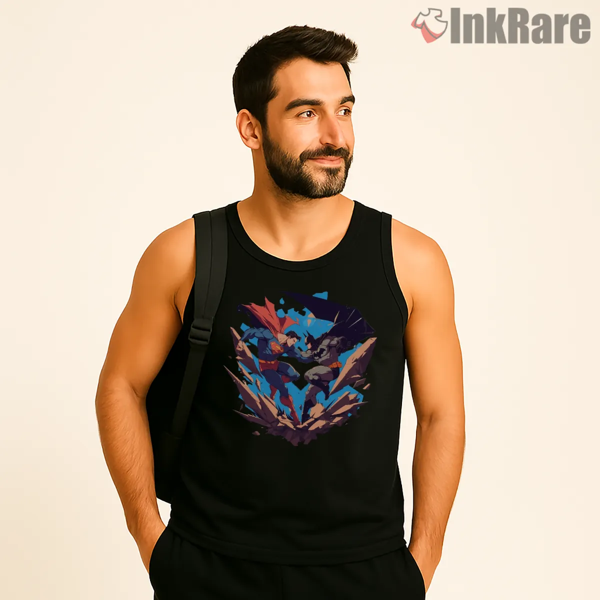 Superman Versus Batman Shattered Arena Tank Top Black Superman Versus Batman Shattered Arena Shirt on black tank top for men graphic tee