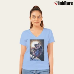 Women’s Superman Wonder Woman Kiss V-Neck Tee in light blue | Chic Neckline, Soft Texture
