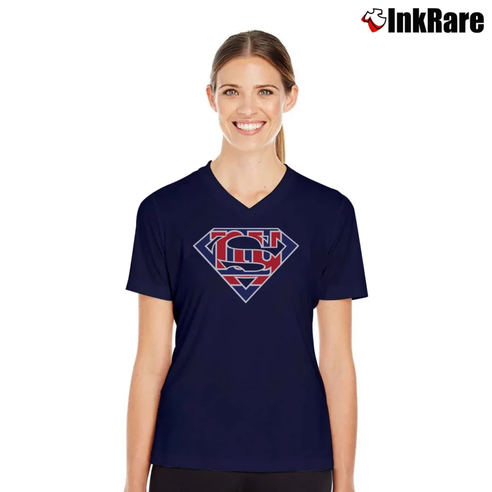 Women’s Superman x New York Giants NFL Fan V-Neck Tee in navy | Chic Neckline, Soft Texture