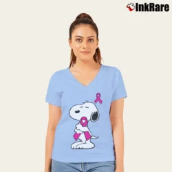Women’s Support Breast Cancer Snoopy V-Neck Tee in light blue | Chic Neckline, Soft Texture