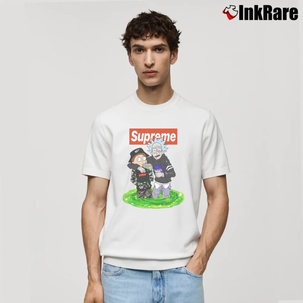 Men’s Supreme Bape Rick And Morty Mashup Streetwear Classic T-Shirt in white | Soft, Breathable Everyday Wear