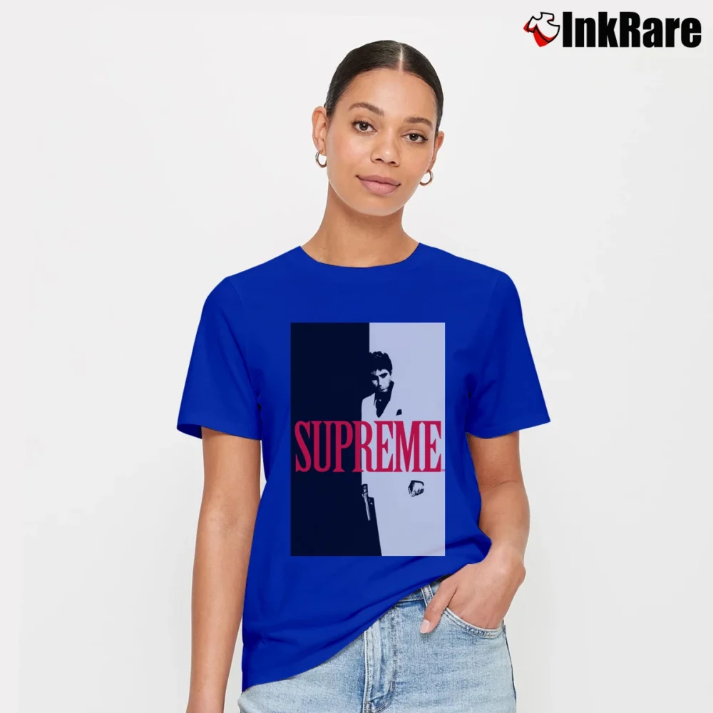 Women’s Supreme Scarface Split Black Graphic Signature T-Shirt in royal blue | Soft, Flattering Fit