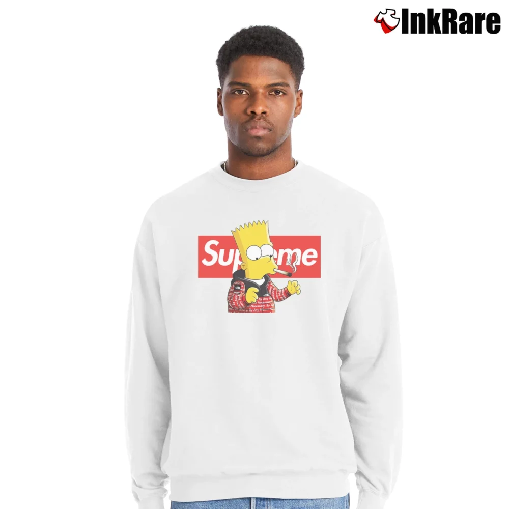 Men’s Supreme Smoking Bart The Simpsons Crewneck Sweatshirt in white | Cozy Fabric, Clean Style