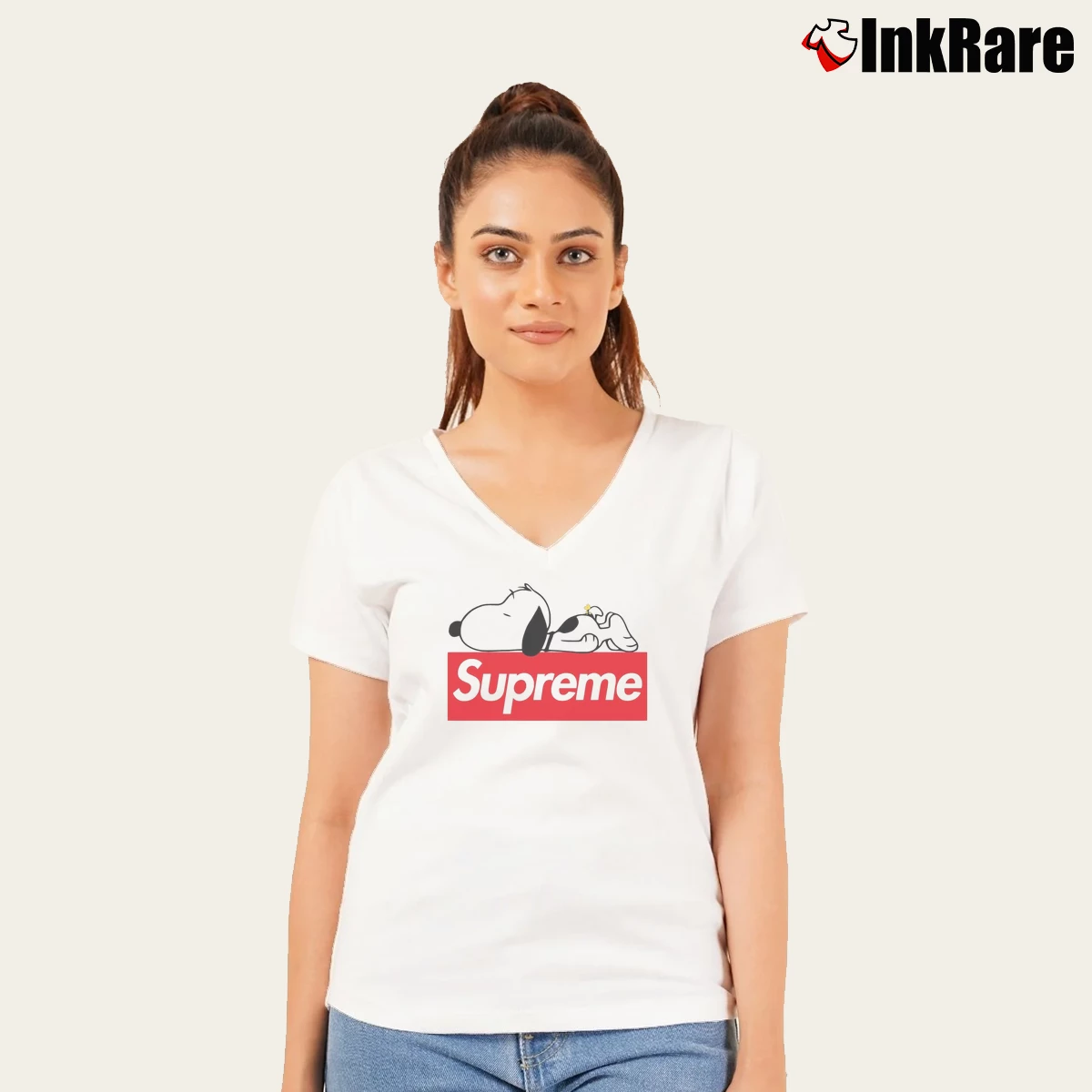 Supreme Snoopy And Woodstock Women’s V-Neck Tee in white – Flattering Fit Women’s Supreme Snoopy And Woodstock V-Neck Tee in white | Chic Neckline, Soft Texture