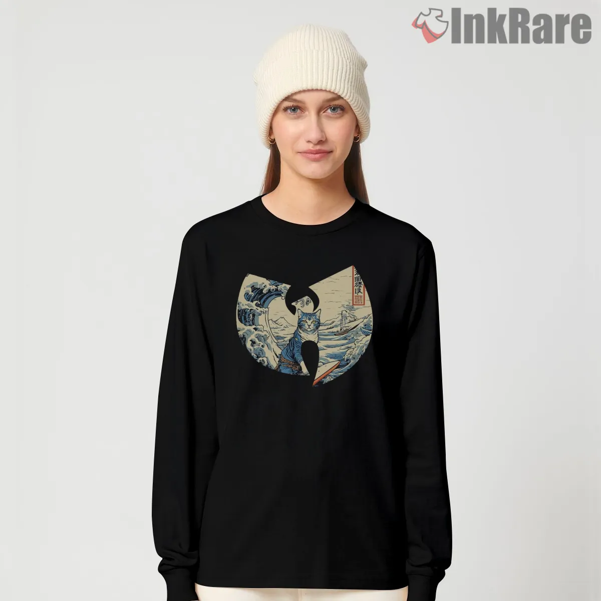 Surfing Cat Great Wave Wu Tang Long Sleeve Black Surfing Cat Great Wave Wu Tang Shirt on black long sleeve shirt for women graphic tee
