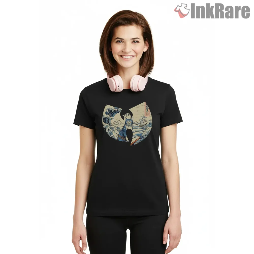 Surfing Cat Great Wave Wu Tang Shirt on black short sleeve shirt for women graphic tee