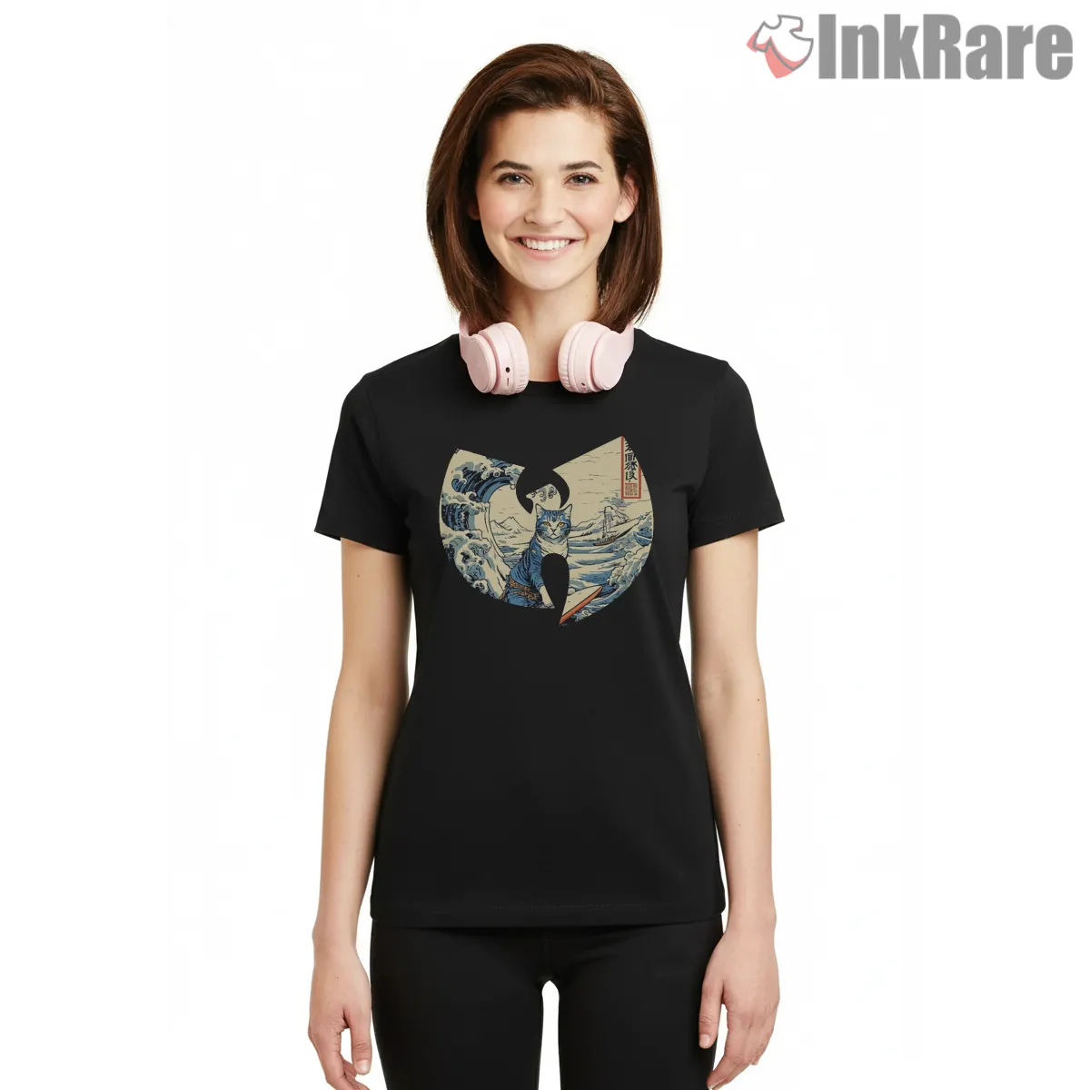 Surfing Cat Great Wave Wu Tang Short Sleeve Black Surfing Cat Great Wave Wu Tang Shirt on black short sleeve shirt for women graphic tee