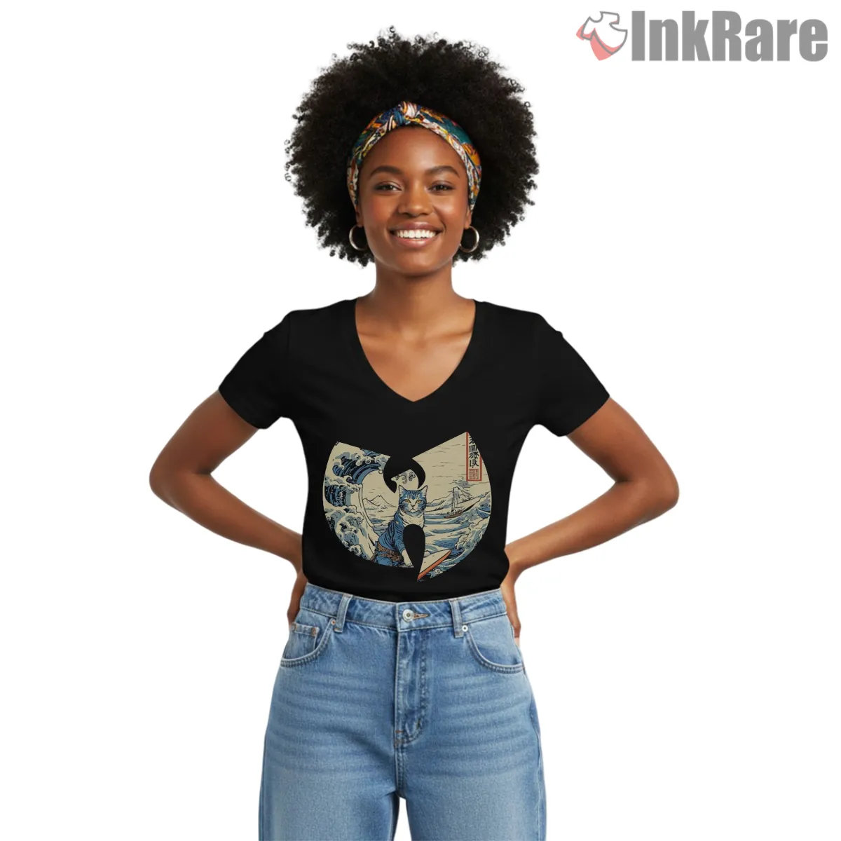 Surfing Cat Great Wave Wu Tang V Neck Black Surfing Cat Great Wave Wu Tang Shirt on black v-neck shirt for women graphic tee