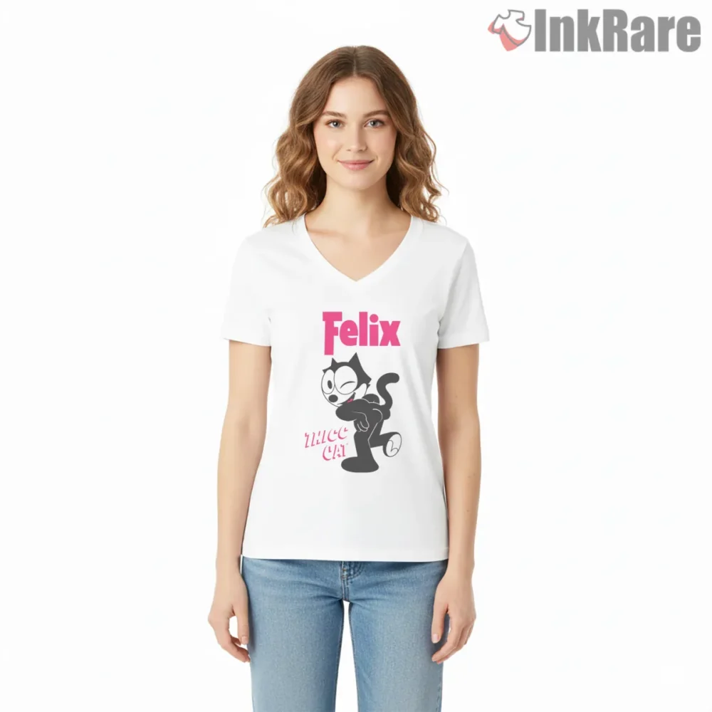 Surprised Felix Big Eyes Reaction Art Shirt on white v-neck shirt for women graphic tee