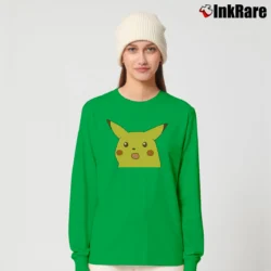 Women’s Surprised Pikachu Meme Fan Art Pokemon Long-Sleeve Top in irish green | Sleek, Versatile, All-Season