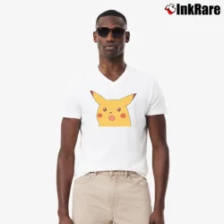 Men’s Surprised Pikachu Meme Fan Art Pokemon V-Neck Tee in white | Sharp, Breathable, Everyday Staple