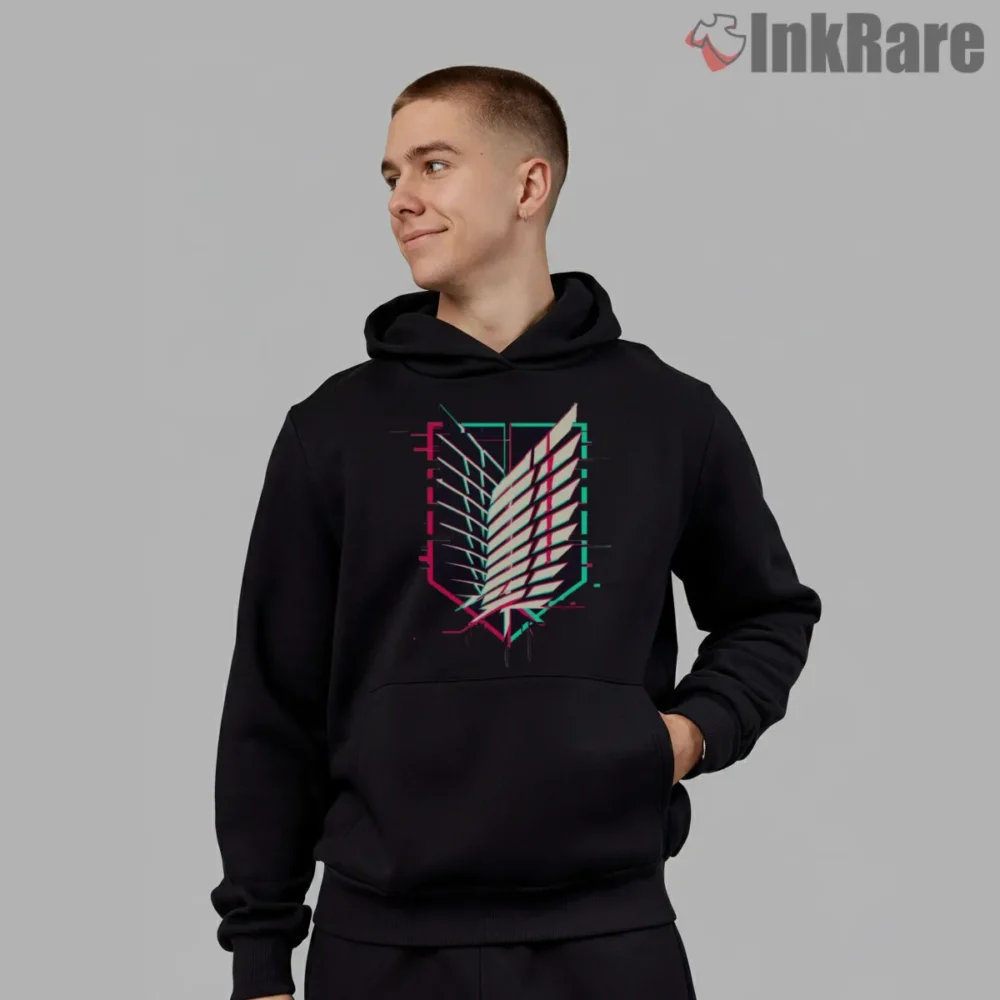Survey Corps Neon Glitch Emblem Shirt on black hoodie for men graphic tee