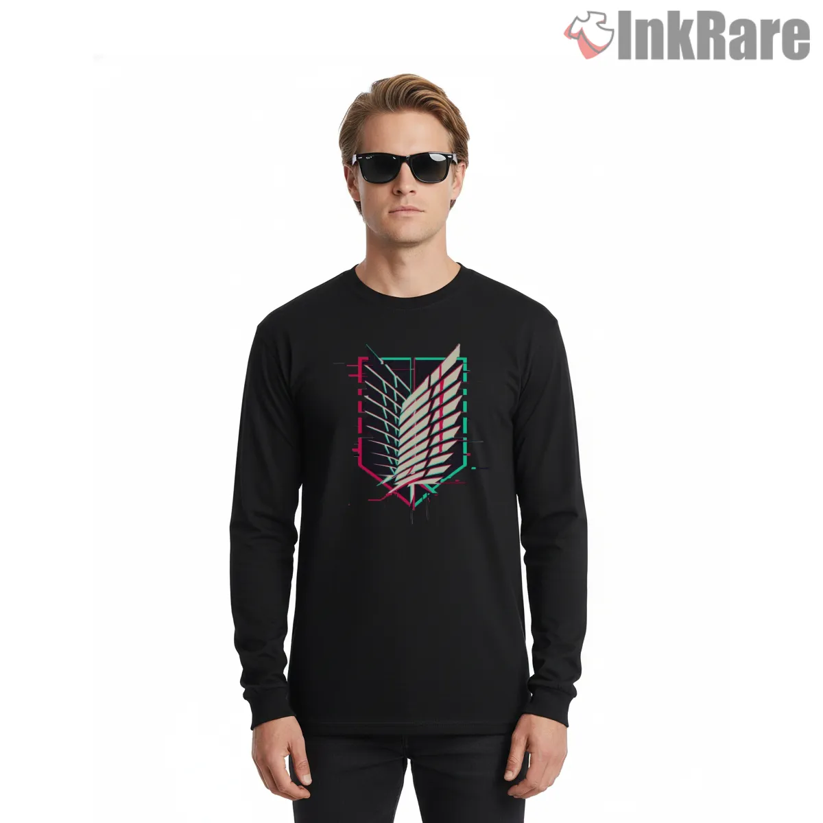 Survey Corps Neon Glitch Emblem Shirt on black long sleeve shirt for men graphic tee
