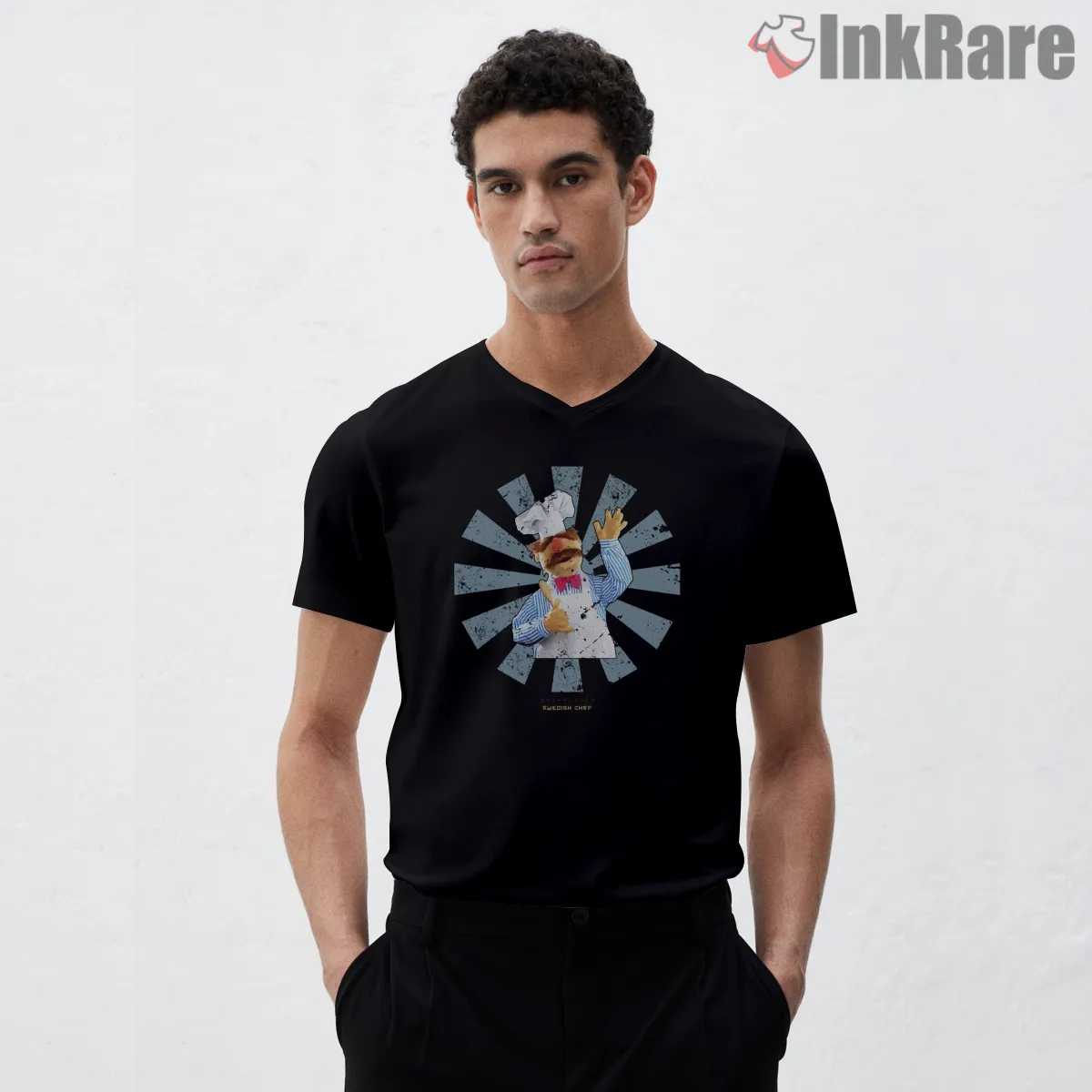 Swedish Chef Retro Japanese Style Graphic Poster Shirt on black v-neck shirt for men graphic tee