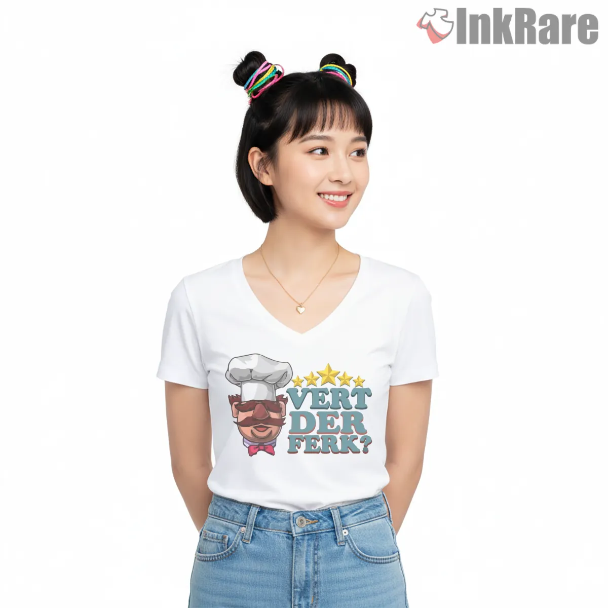 Swedish Chef Vert Der Ferk Funny Quote Cartoon V Neck White Swedish Chef Vert Der Ferk Funny Quote Cartoon Shirt on white v-neck shirt for women graphic tee