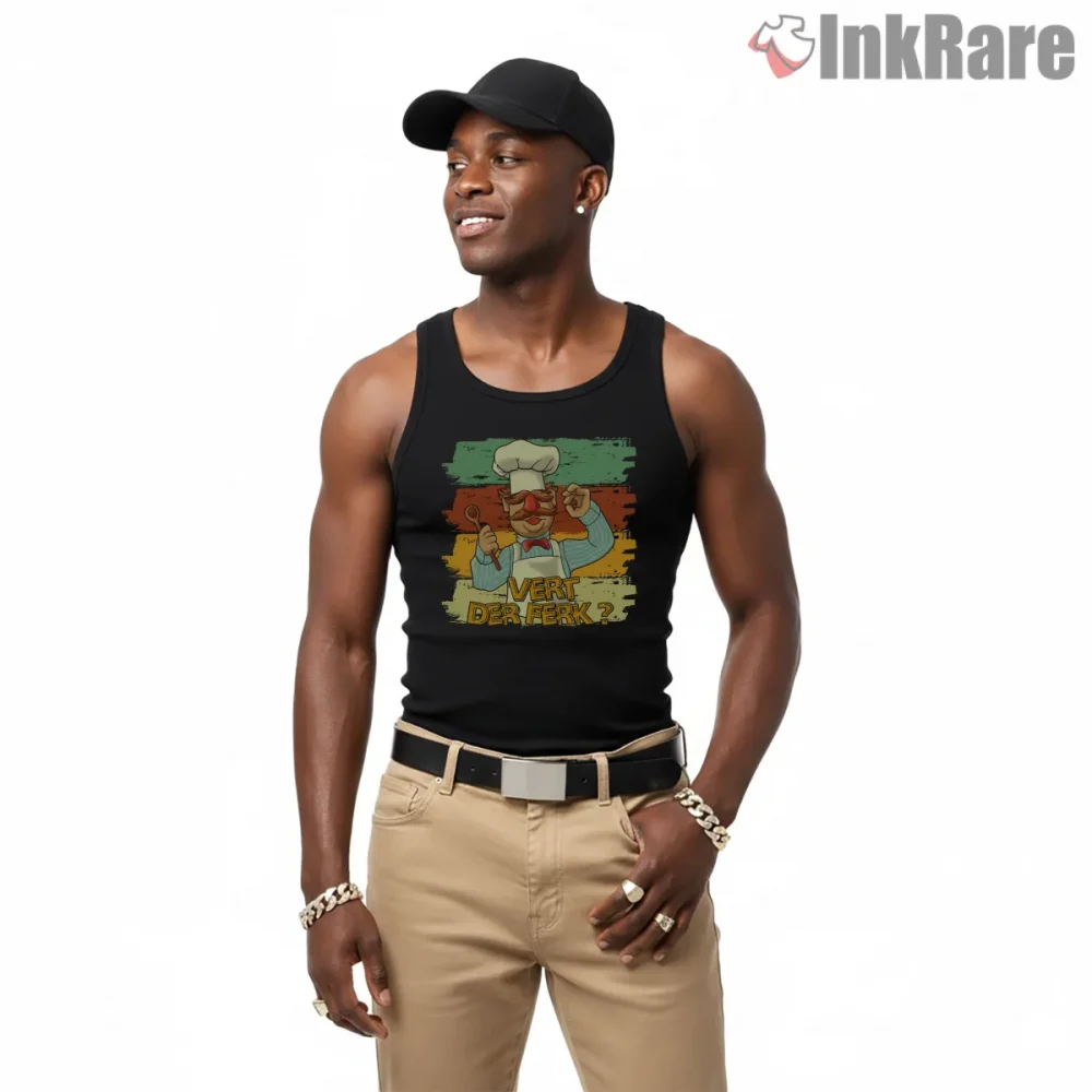 Swedish Chef Vert Der Ferk Vintage Stripe Cartoon Shirt on black tank top for men graphic tee