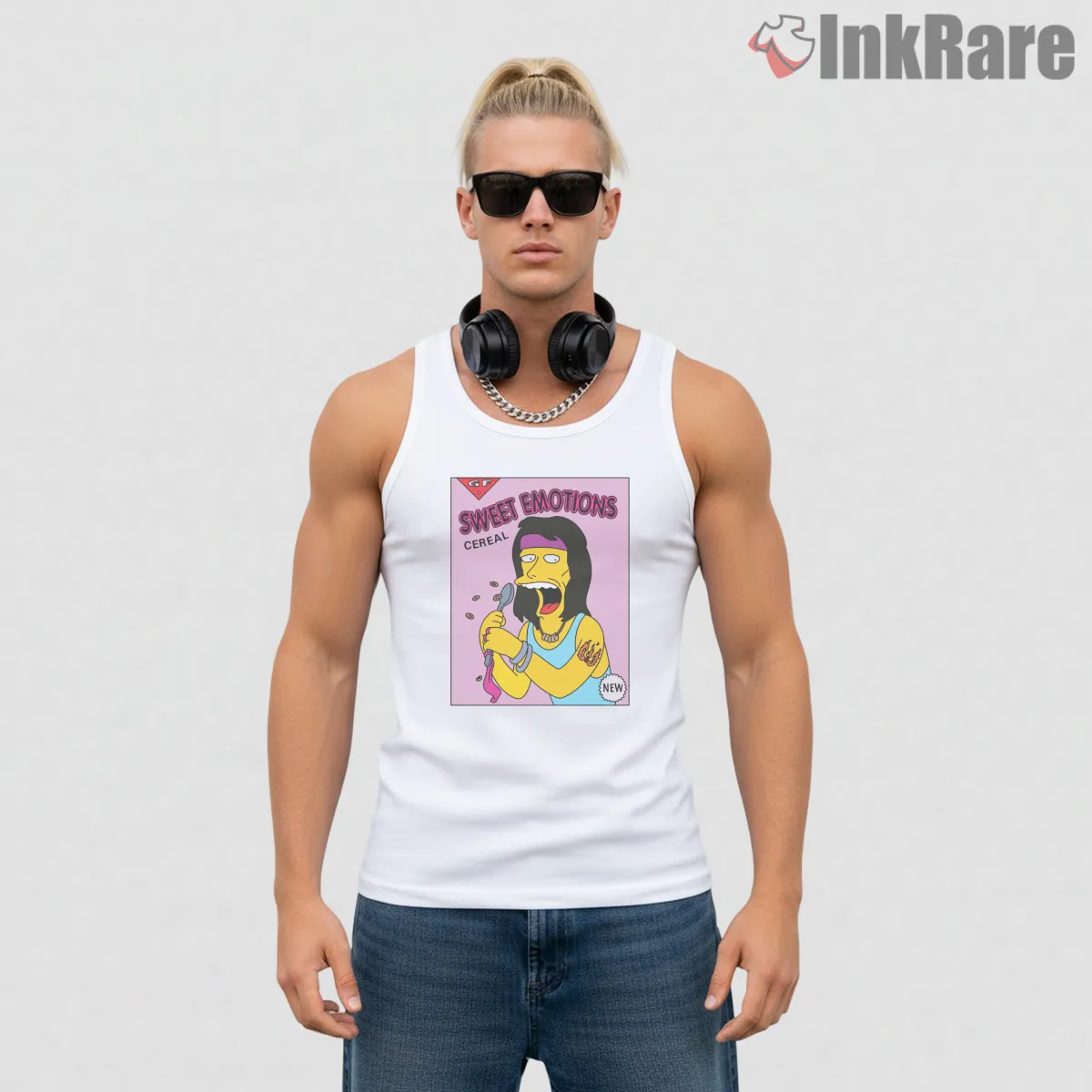 Sweet Emotions Cereal Simpsons Music Parody Tank Top White Sweet Emotions Cereal Simpsons Music Parody Shirt on white tank top for men graphic tee
