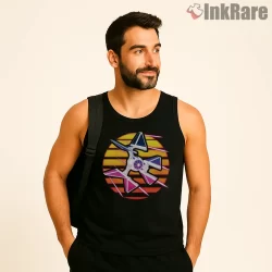 Synthwave Tie Defender Neon Retro Shirt on black tank top for men graphic tee