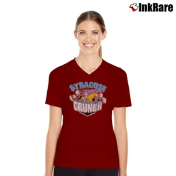 Women’s Syracuse Crunch Mascot 90s AHL Hockey Logo V-Neck Tee in maroon | Chic Neckline, Soft Texture