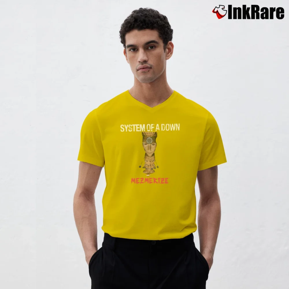 Men’s system of a down mezmerize alternative metal album V-Neck Tee in yellow | Sharp, Breathable, Everyday Staple