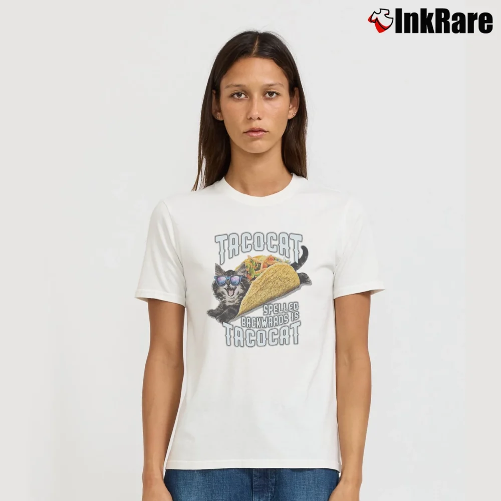Women’s Tacocat Funny Palindrome Cat Taco Signature T-Shirt in white | Soft, Flattering Fit
