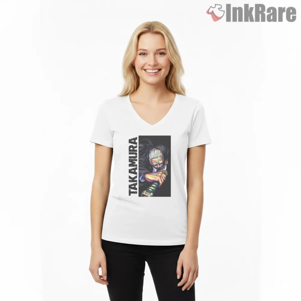 Takamura Dark Blade Warrior Neon Anime Shirt on white v-neck shirt for women graphic tee