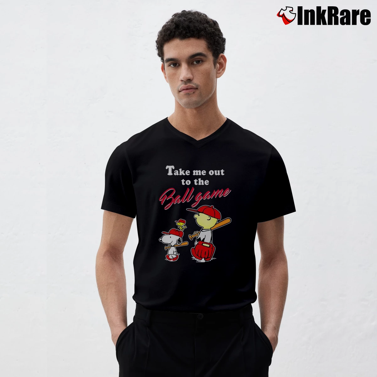 Take Me Out Ball Game Snoopy Peanut Men’s V-Neck Tee in black – Modern Essential Men’s Take Me Out Ball Game Snoopy Peanut V-Neck Tee in black | Sharp, Breathable, Everyday Staple