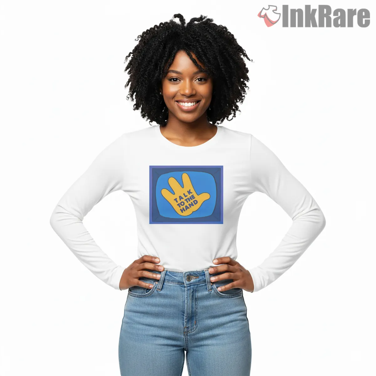 Talk To The Hand Simpsons Retro Cartoon Attitude Shirt on white long sleeve shirt for women graphic tee