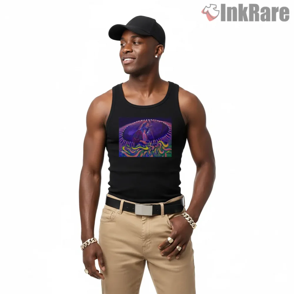 Tame Impala Psychedelic Live Performance Color Wave Shirt on black tank top for men graphic tee