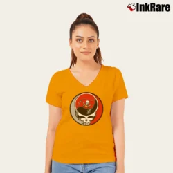 Women’s Tampa Bay Buccaneers Grateful Dead Steal Your Face Football V-Neck Tee in orange | Chic Neckline, Soft Texture