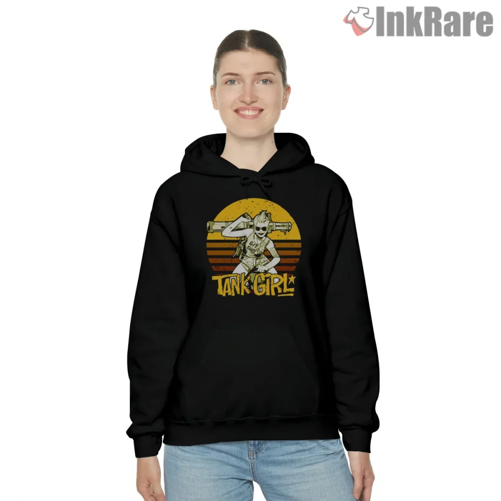 Tank Girl Mad Max Desert Punk Sunset Graphic Shirt on black hoodie for women graphic tee