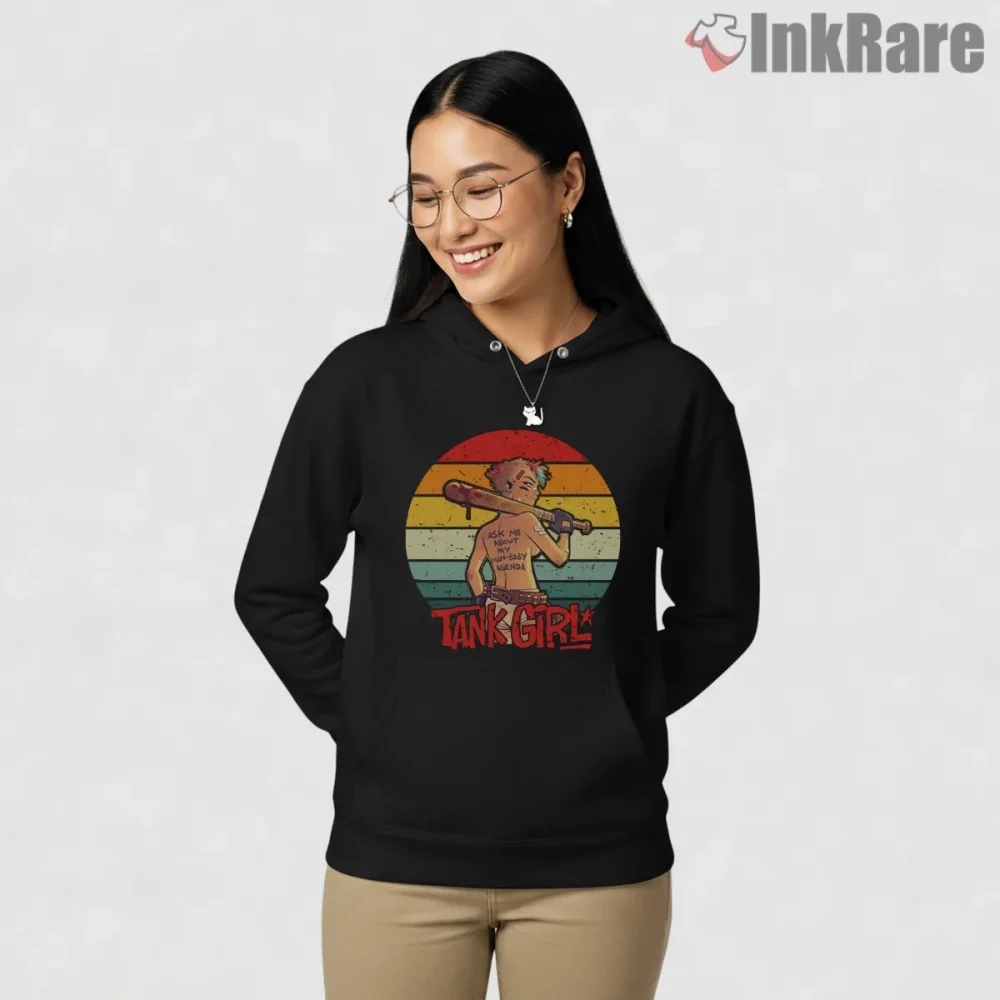 Tank Girl Mad Max Retro Sunset Comic Mashup Shirt on black hoodie for women graphic tee