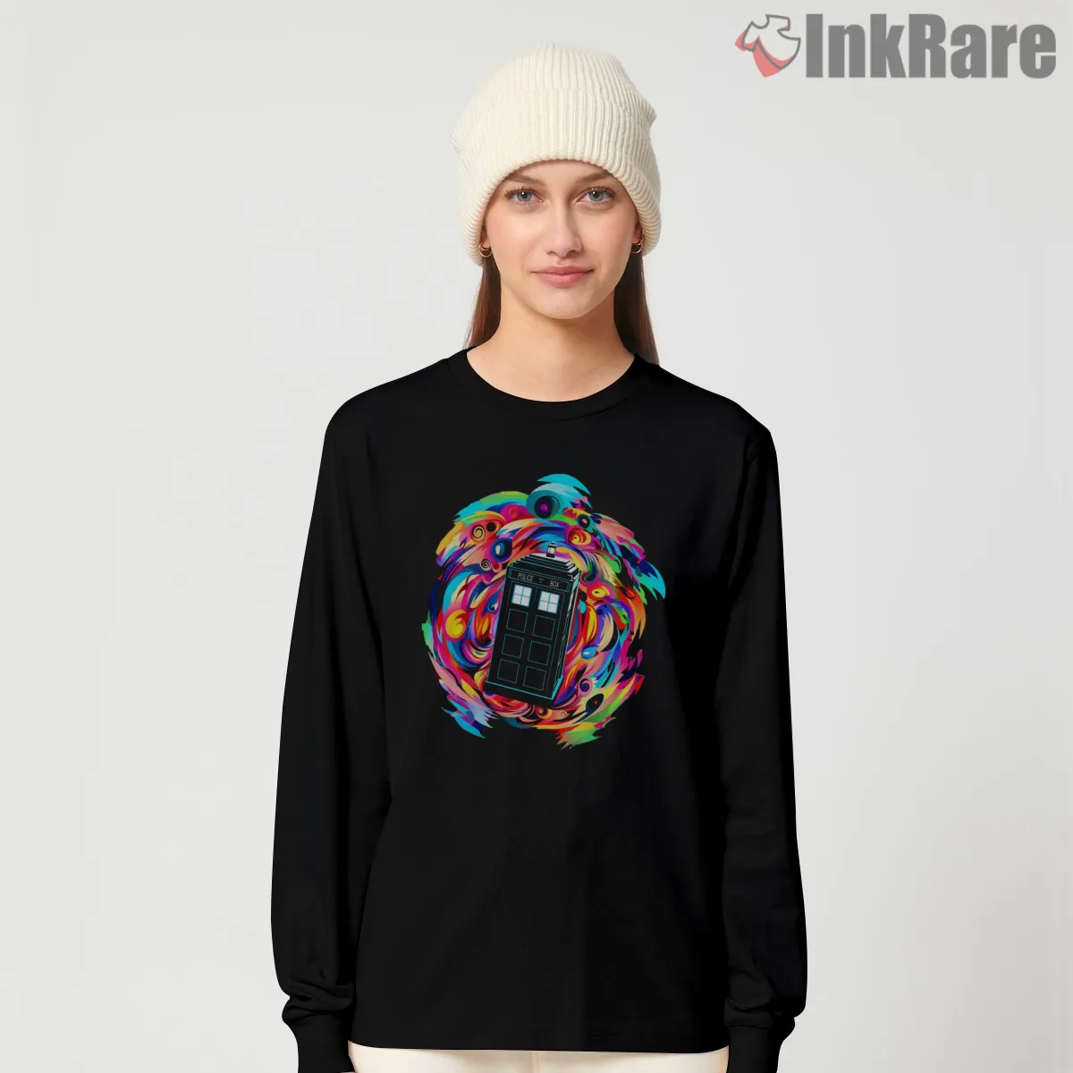 Tardis Cosmic Swirl Psychedelic Portal Shirt on black long sleeve shirt for women graphic tee