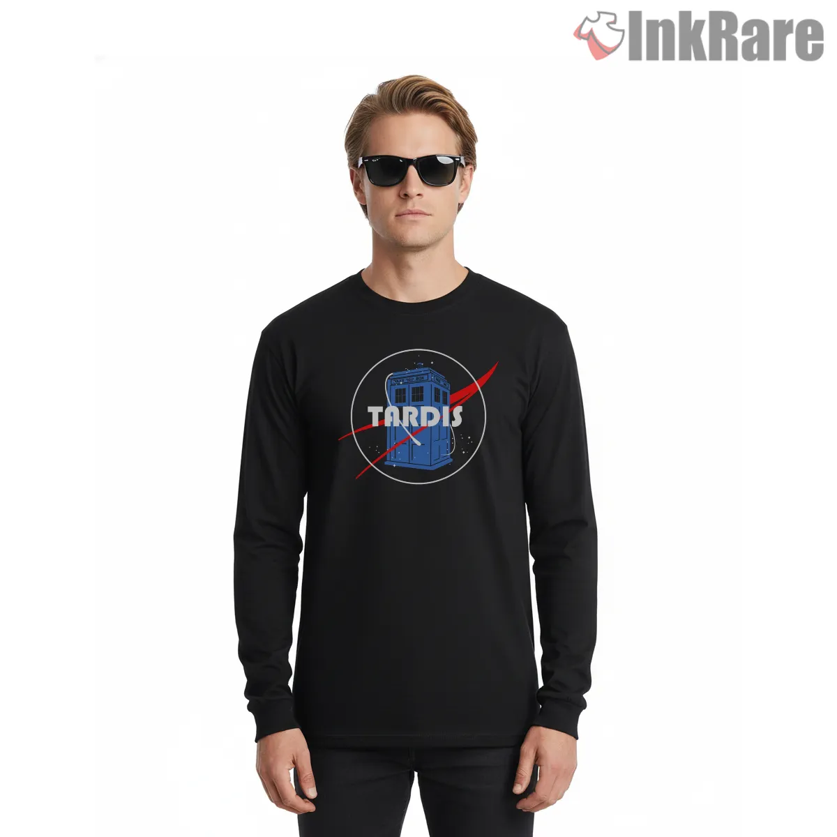 Tardis Galaxy Orbit Minimal Sci Fi Circle Long Sleeve Black Tardis Galaxy Orbit Minimal Sci Fi Circle Shirt on black long sleeve shirt for men graphic tee
