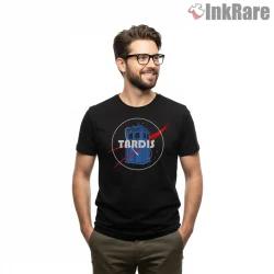 Tardis Galaxy Orbit Minimal Sci Fi Circle Shirt on black short sleeve shirt for men graphic tee