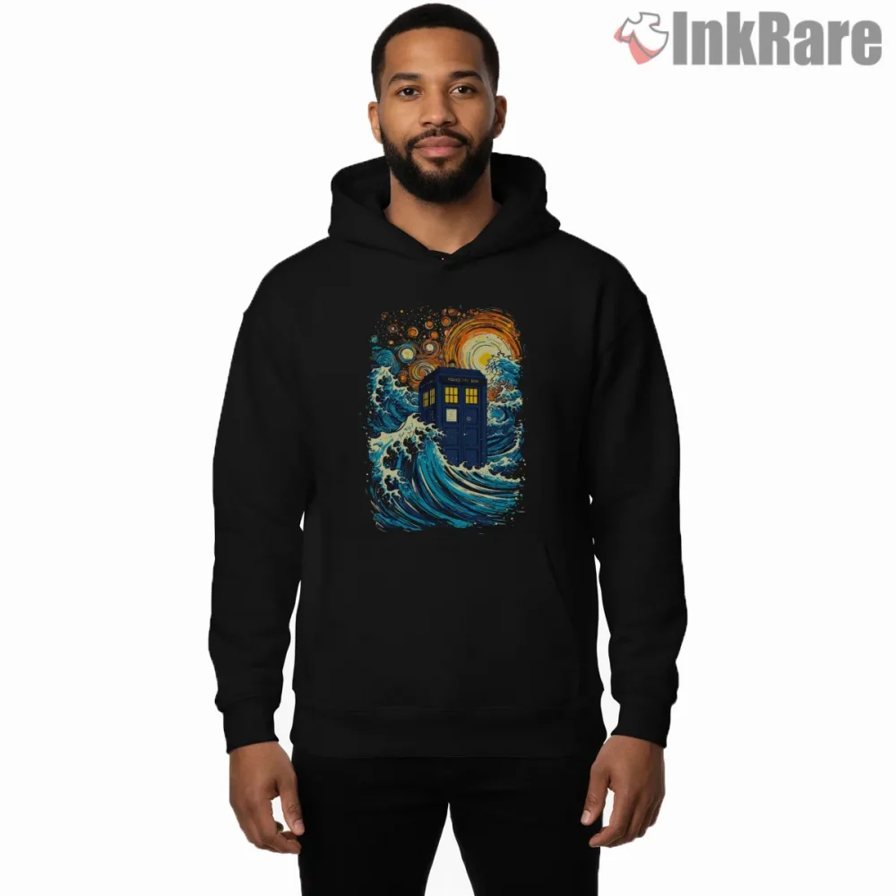 Tardis Great Wave Japanese Art Inspired Shirt on black hoodie for men graphic tee