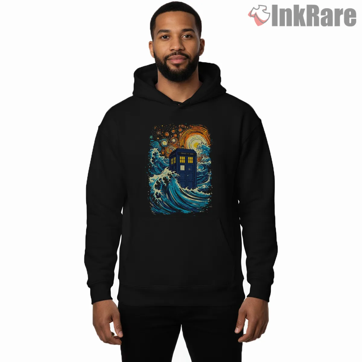 Tardis Great Wave Japanese Art Inspired Hoodie Black Tardis Great Wave Japanese Art Inspired Shirt on black hoodie for men graphic tee