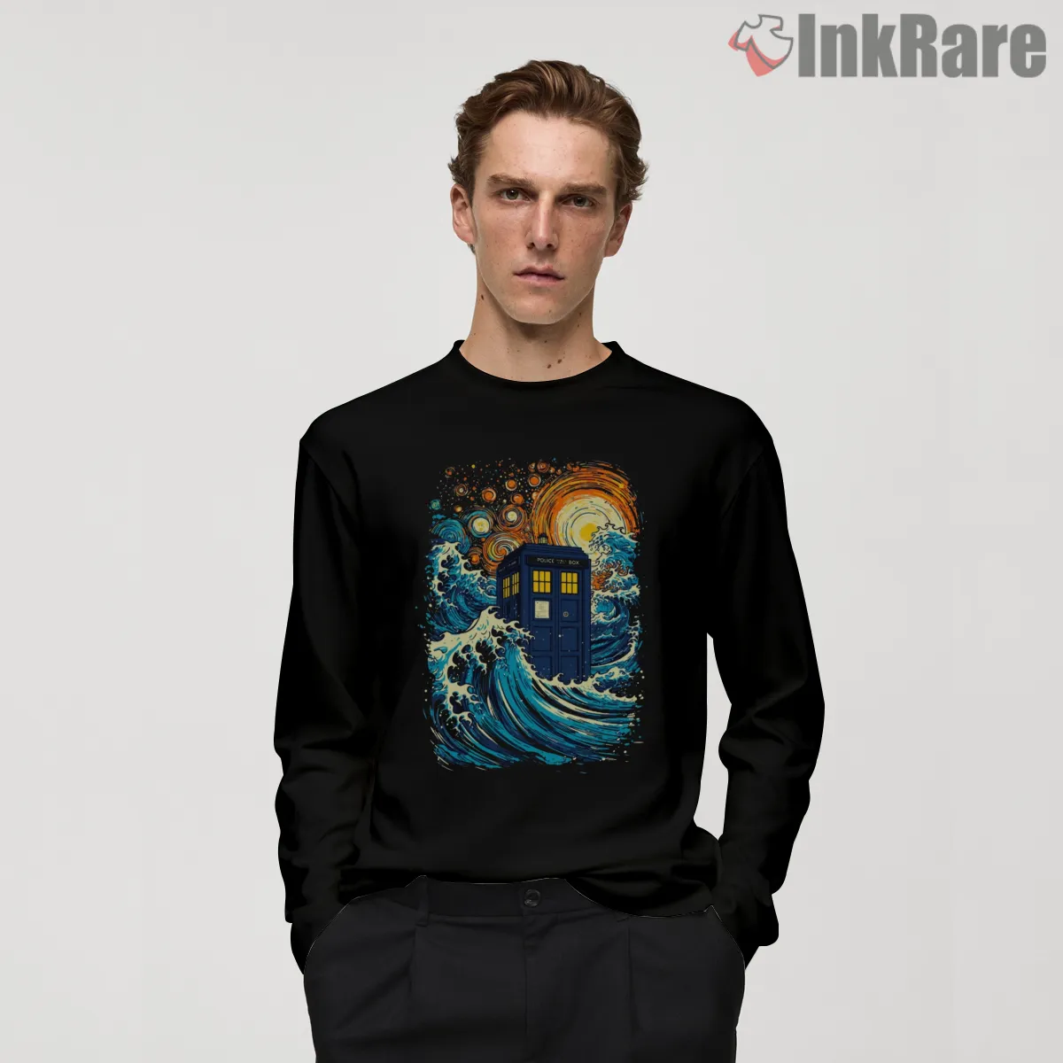 Tardis Great Wave Japanese Art Inspired Long Sleeve Black Tardis Great Wave Japanese Art Inspired Shirt on black long sleeve shirt for men graphic tee