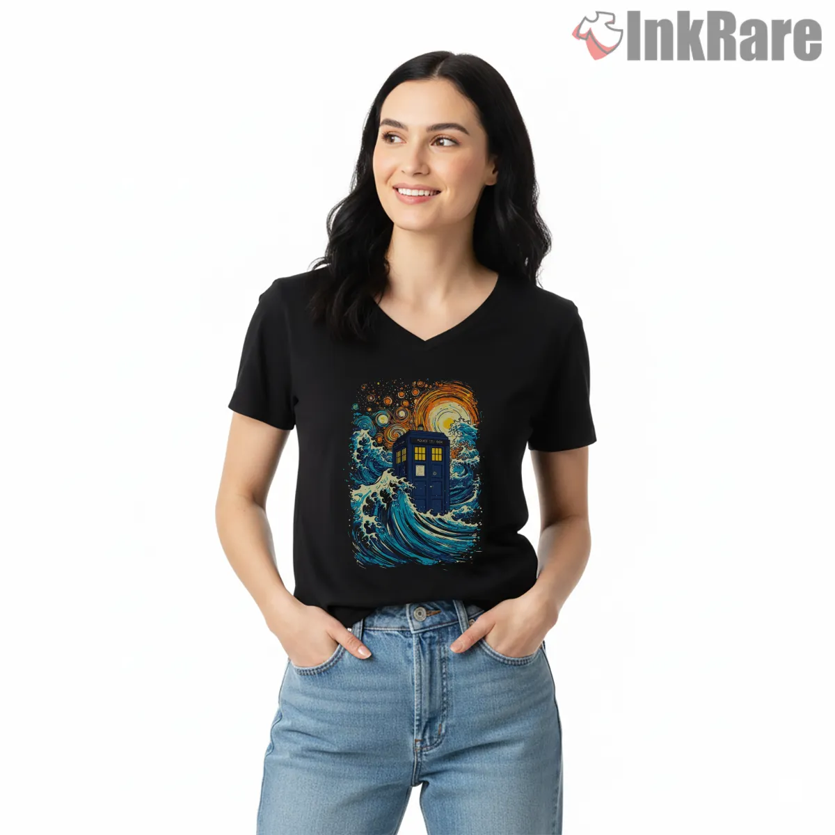 Tardis Great Wave Japanese Art Inspired V Neck Black Tardis Great Wave Japanese Art Inspired Shirt on black v-neck shirt for women graphic tee