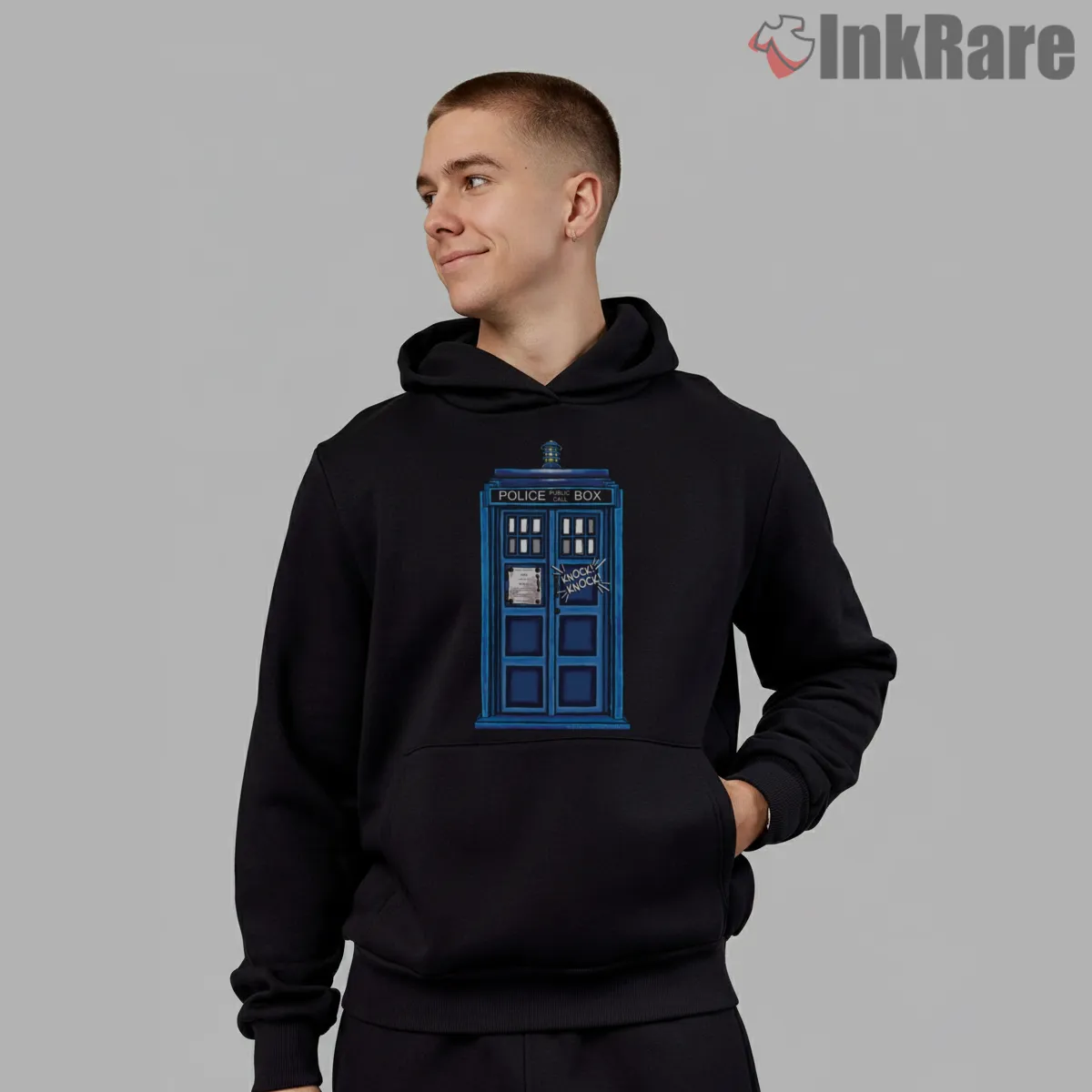 Tardis Knock Knock Whos There Minimal Humor Hoodie Black Tardis Knock Knock Whos There Minimal Humor Shirt on black hoodie for men graphic tee