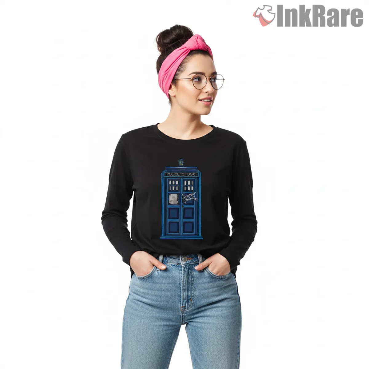 Tardis Knock Knock Whos There Minimal Humor Long Sleeve Black Tardis Knock Knock Whos There Minimal Humor Shirt on black long sleeve shirt for women graphic tee