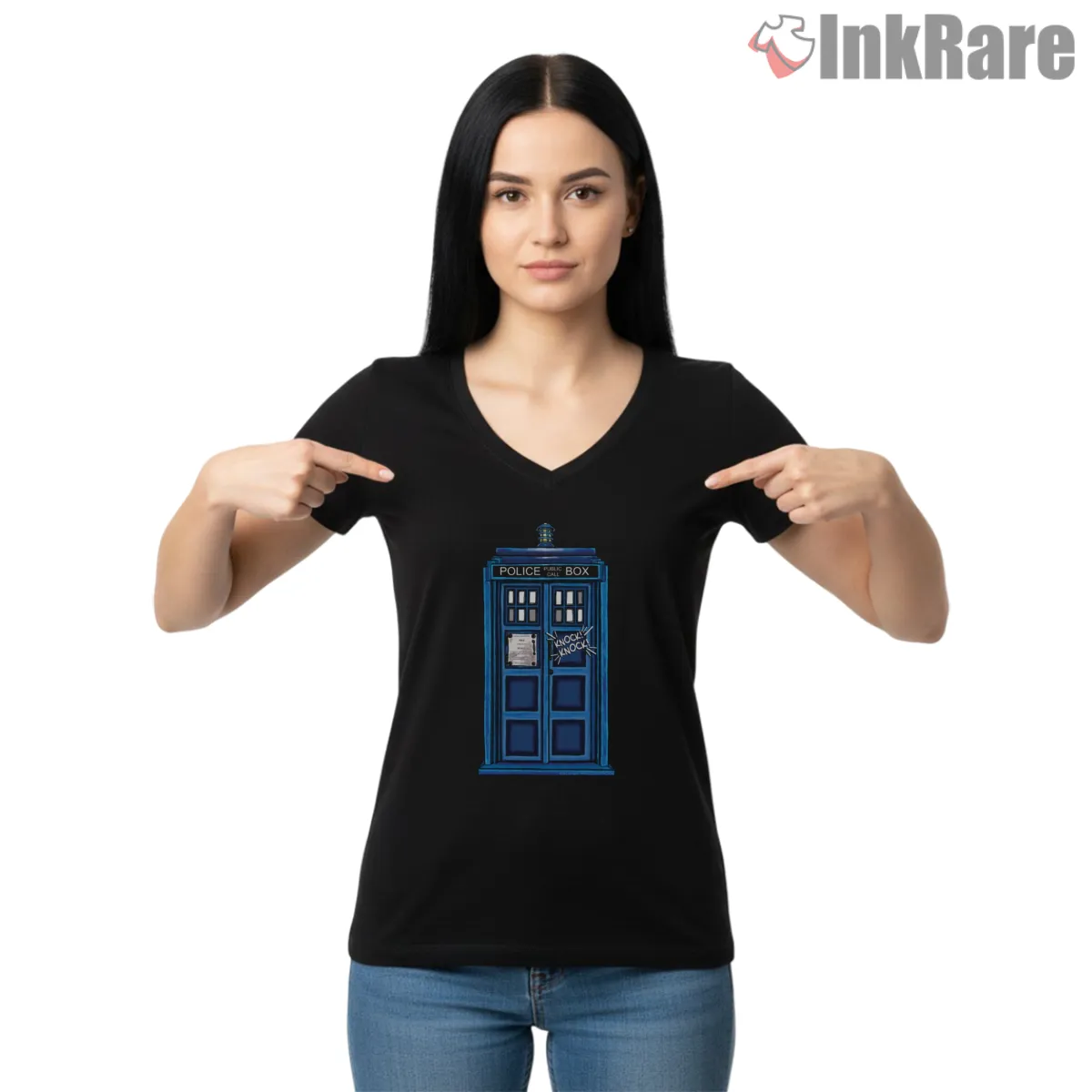 Tardis Knock Knock Whos There Minimal Humor V Neck Black Tardis Knock Knock Whos There Minimal Humor Shirt on black v-neck shirt for women graphic tee