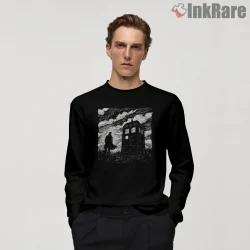 Tardis Noir Black And White Cinematic Scene Shirt on black long sleeve shirt for men graphic tee