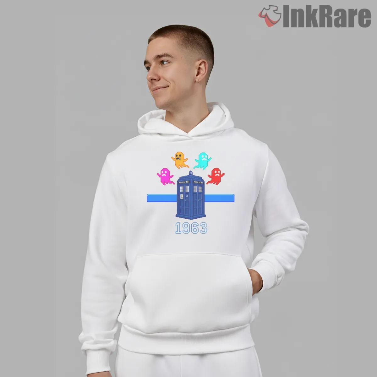 Tardis Pac Man Ghosts Retro Arcade Mashup Hoodie White Tardis Pac Man Ghosts Retro Arcade Mashup Shirt on white hoodie for men graphic tee
