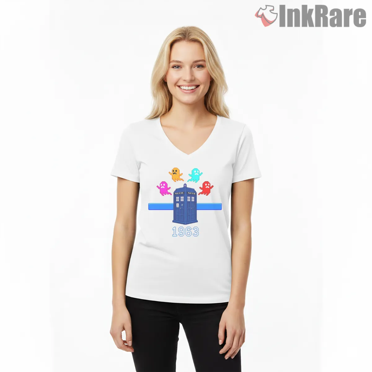 Tardis Pac Man Ghosts Retro Arcade Mashup V Neck White Tardis Pac Man Ghosts Retro Arcade Mashup Shirt on white v-neck shirt for women graphic tee