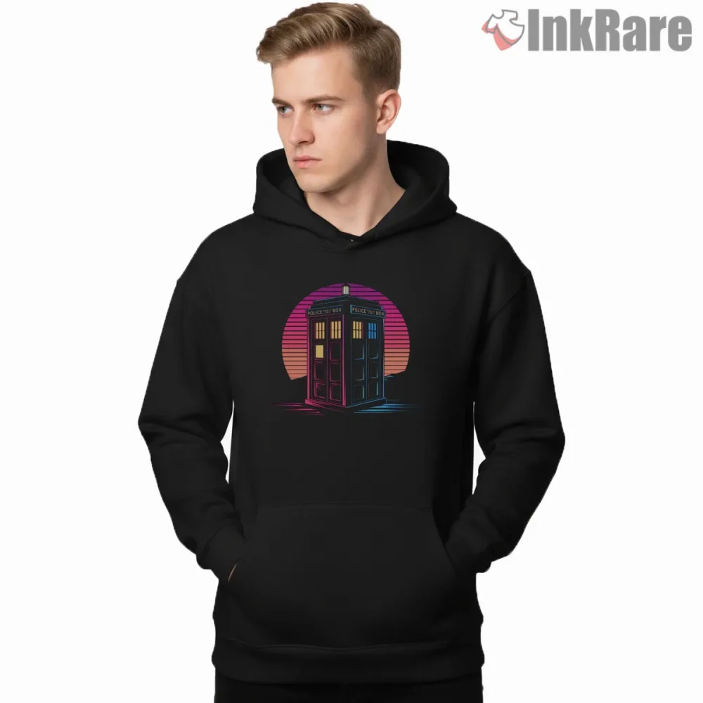 Tardis Retrowave Neon Sunset Retro Grid Shirt on black hoodie for men graphic tee