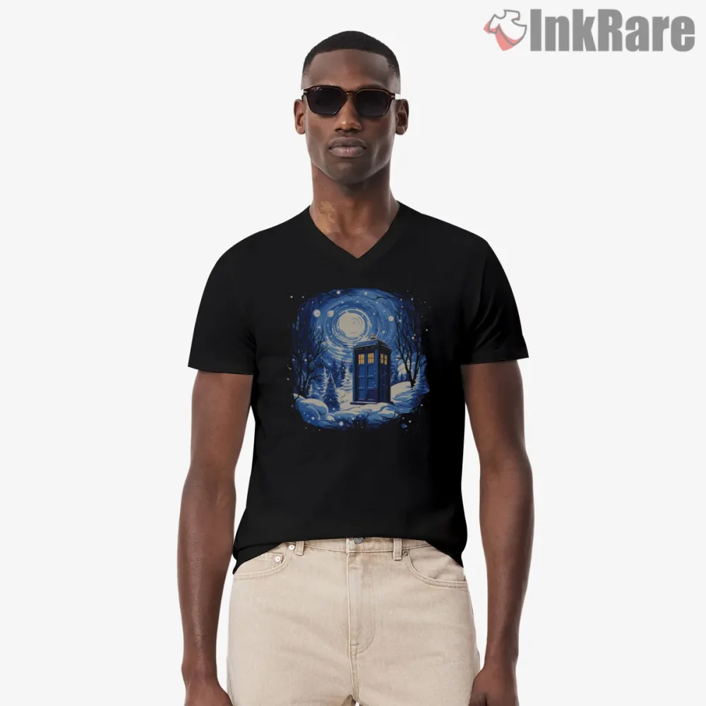 Tardis Snowy Night Starry Sky Winter Landscape Shirt on black v-neck shirt for men graphic tee