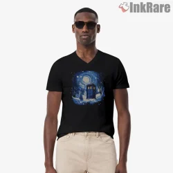 Tardis Snowy Night Starry Sky Winter Landscape Shirt on black v-neck shirt for men graphic tee